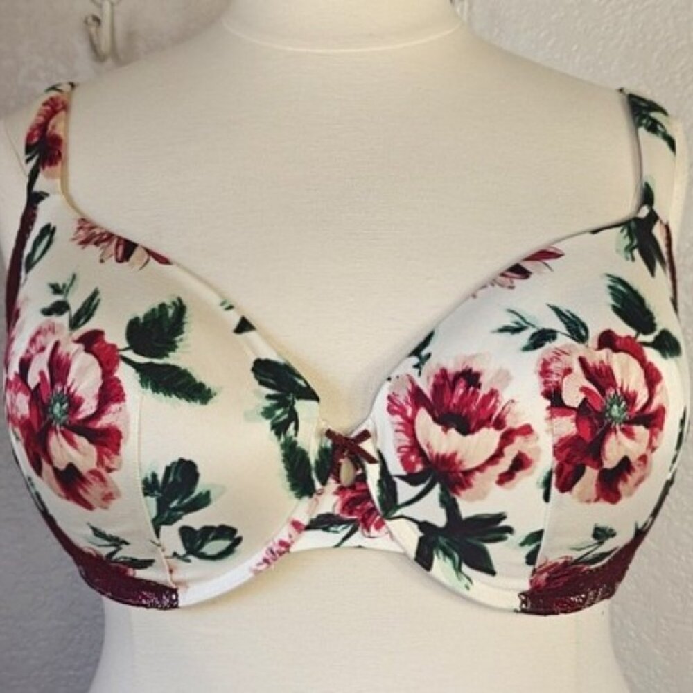 Cacique 42DDD (F) Lightly Lined T-Shirt Bra Underwired Red Floral
